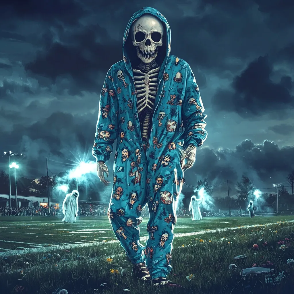 A skeletal figure in a blue hooded jumpsuit with a skull pattern walks across a football field. The figure is surrounded by ghostly figures and the field is lit by spotlights under a cloudy sky. The scene is reminiscent of a spooky Halloween night.