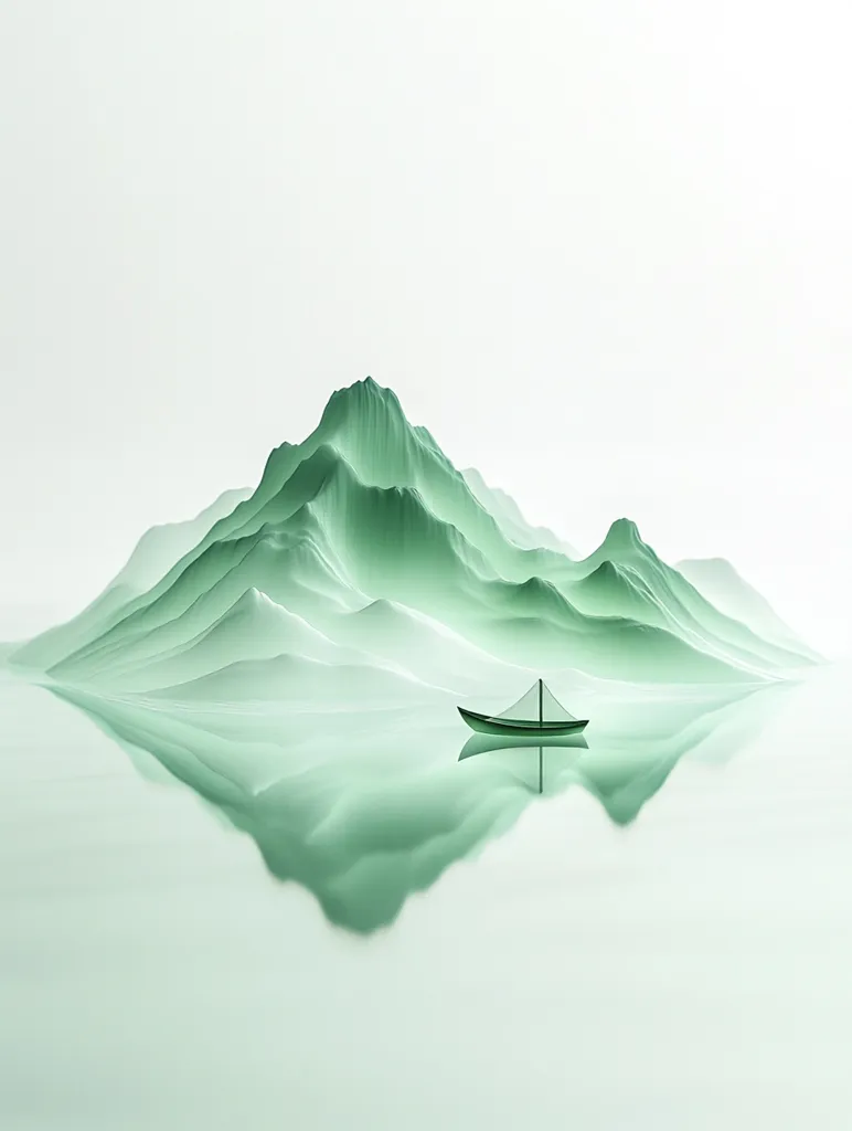 A lone boat sits in the middle of a still, reflective lake, surrounded by a mist-covered mountain range. The image is rendered in soft greens and whites, creating a serene and minimalist atmosphere. The boat's reflection adds to the tranquility of the scene.