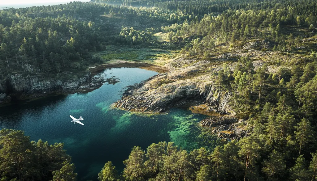 An aerial view of a secluded cove nestled amongst dense green forest. The clear blue water of the cove is surrounded by rocky shores and lush vegetation. A small plane flies over the water, adding a touch of human activity to the serene landscape. The image captures the beauty and tranquility of the natural world, showcasing the harmonious blend of land and water.