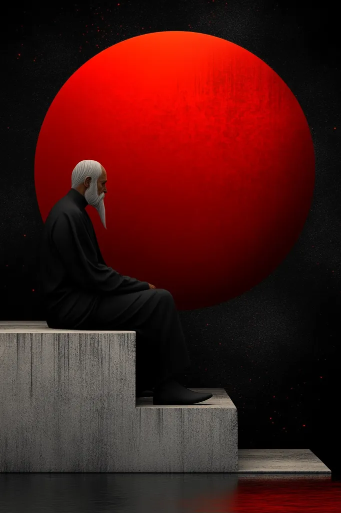 An elderly man with a white beard sits on a concrete staircase, looking down, with a large, red orb in the background against a black, star-dusted sky. The man is dressed in black and his face is partially obscured by his beard. The orb appears to be a planet or a large moon. The image has a contemplative mood, with a sense of loneliness and isolation.