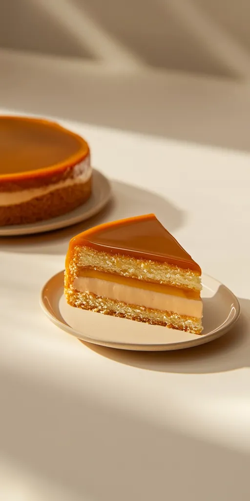 A slice of caramel cake sits on a beige plate. The cake is layered with a light colored filling and topped with a thick layer of caramel. The slice is positioned in front of a whole cake, which is blurred in the background. The scene is lit with soft, natural light.