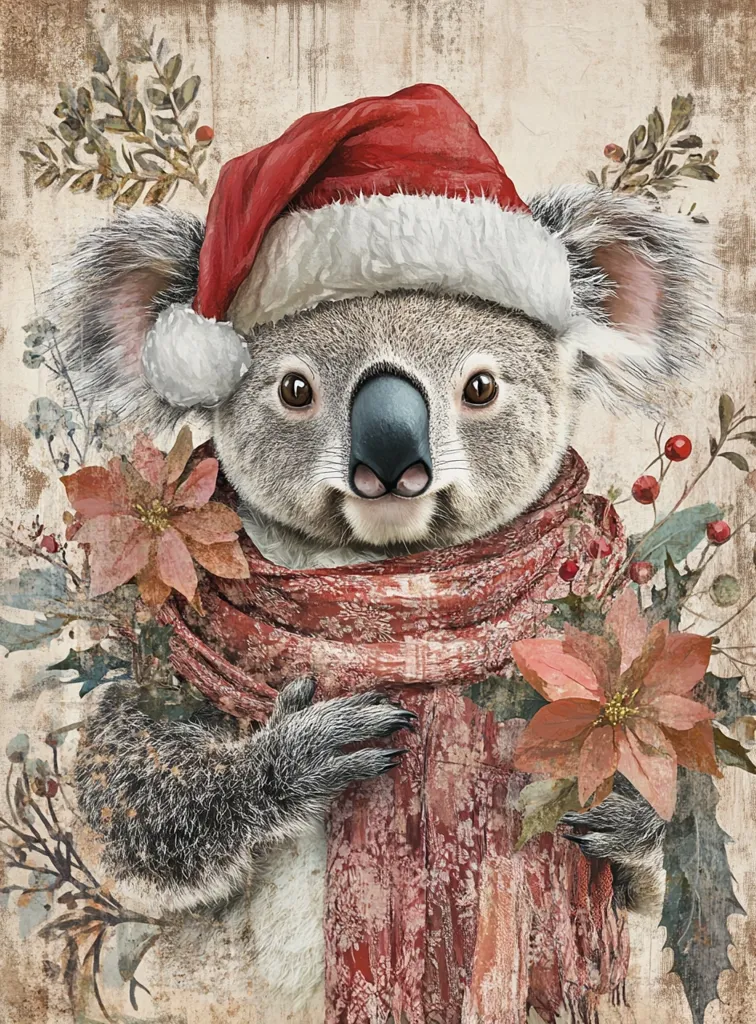 The image depicts a koala wearing a Santa hat and a red scarf. The koala is looking directly at the viewer with a sweet and innocent expression. It is surrounded by winter foliage, including holly berries and poinsettia flowers. The background is a textured, aged beige. The overall feeling of the image is cozy and festive, evoking the spirit of Christmas.