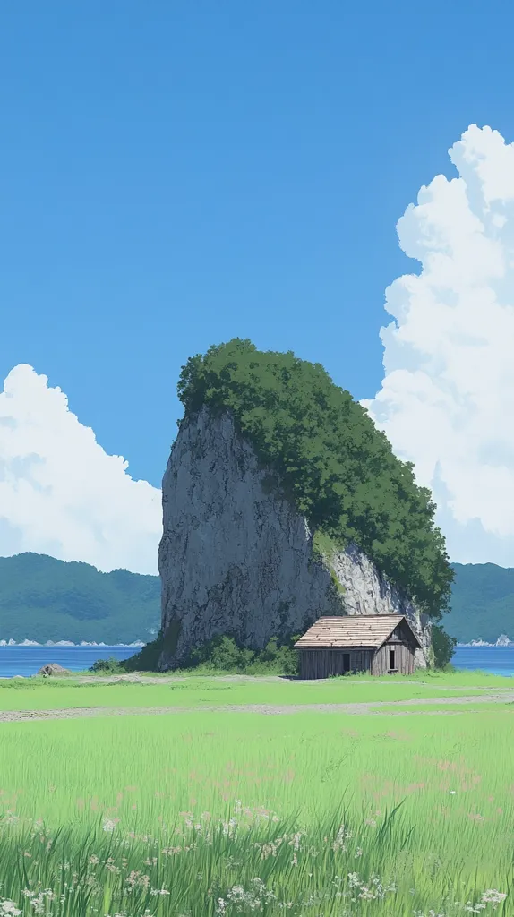 A small wooden cabin sits at the base of a large, rocky cliff. The cliff is covered in lush green trees and foliage. The surrounding landscape is a grassy field with a clear blue sky and white clouds above. The image has a peaceful and serene atmosphere.  The horizon reveals a body of water with mountains in the distance.  The image evokes a sense of tranquility and solitude.