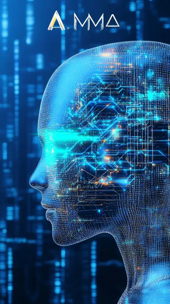 The image depicts a digital representation of a human head, constructed from a network of glowing blue lines and dots. It is set against a backdrop of blurred blue digital code. The word \