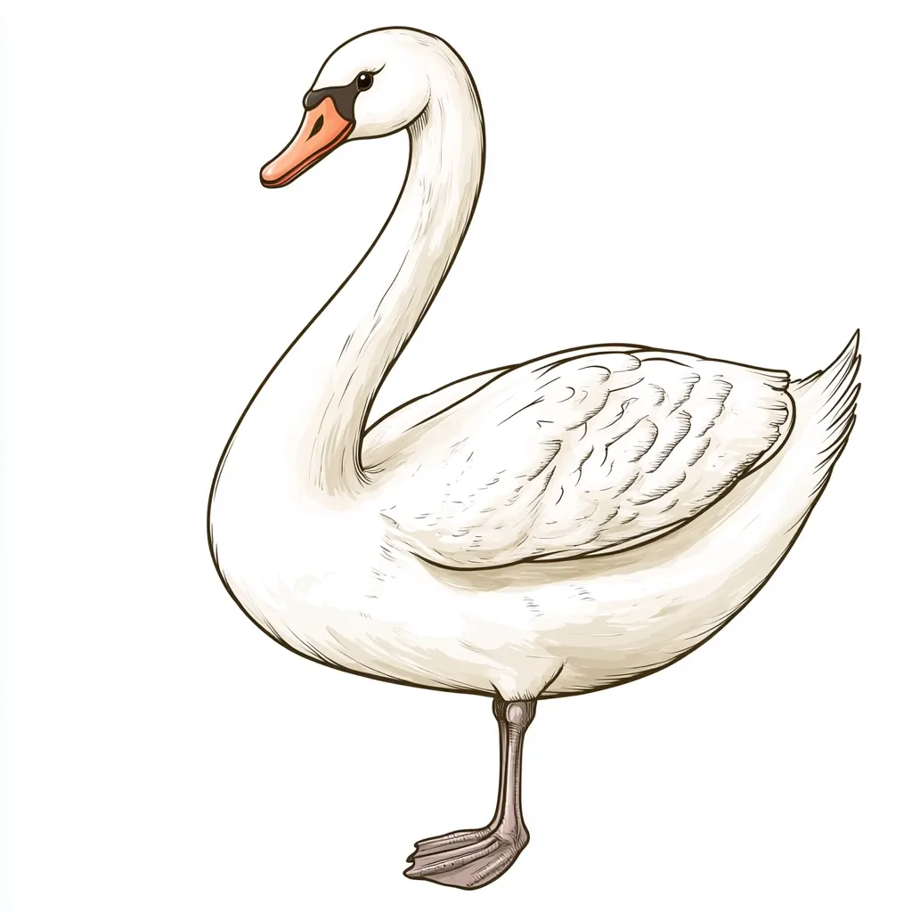 The image depicts a white swan in a detailed, hand-drawn style. Its long, elegant neck curves gracefully, and its body is plump and feathery. The swan's beak is orange with a black tip, and its eyes are black. The swan is standing on one leg, its other leg tucked behind it. The background is white, allowing the swan to stand out as the central focus.  The illustration captures the beauty and grace of this iconic bird.
