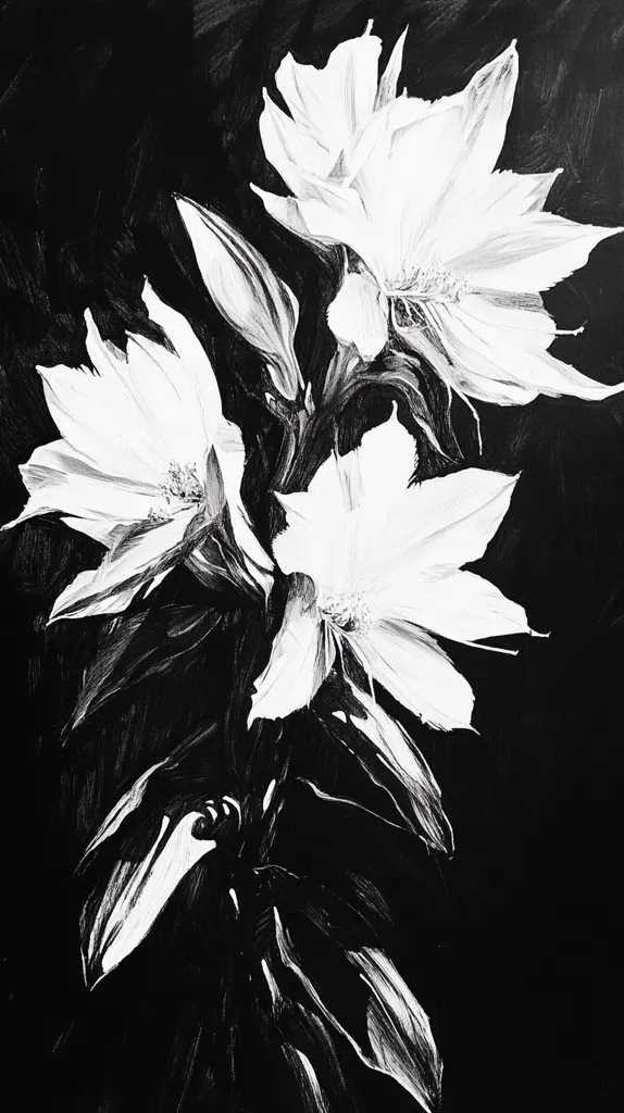 The image is a black and white illustration of three flowers. They are drawn with thick, expressive lines and appear to be blooming against a black background. The flowers are depicted in detail, showing their petals, stems, and leaves. The artist has captured the beauty and fragility of the flowers in this striking monochrome artwork.
