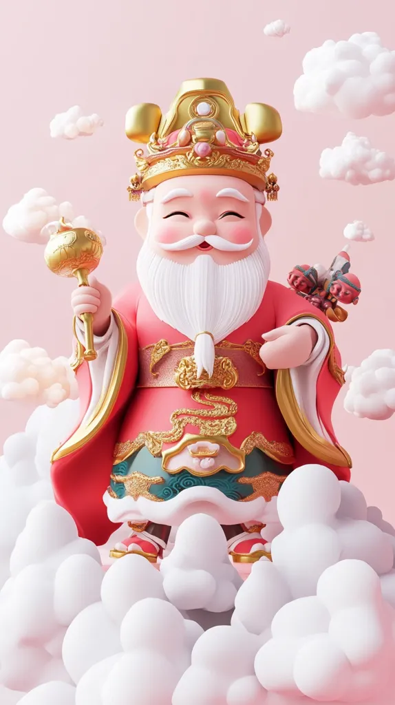 A cartoon-style depiction of a Chinese deity, likely the God of Fortune, with a golden crown, red and gold robes, and a long white beard. He holds a golden orb in his right hand and stands atop fluffy white clouds against a light pink background. The image exudes a sense of good fortune and prosperity.