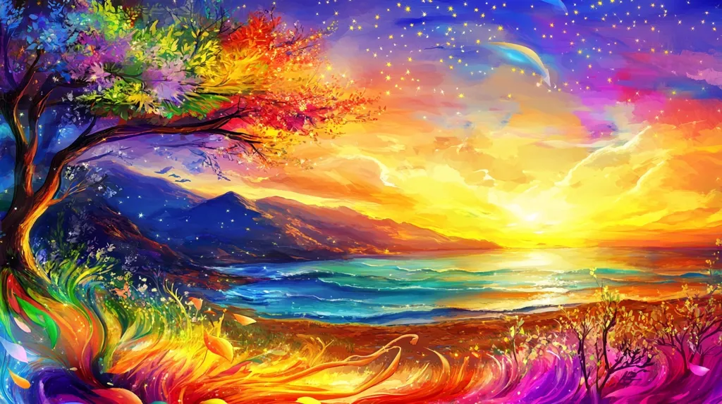 A vibrant, colorful painting depicts a fantastical landscape with a large tree in the foreground. The tree is bursting with leaves in various shades of green, pink, and orange.  The background features a mountain range, a vast blue ocean with crashing waves, and a brilliant yellow sky filled with stars and a crescent moon. The entire scene is bathed in a warm glow of a setting sun, creating a magical and ethereal atmosphere.