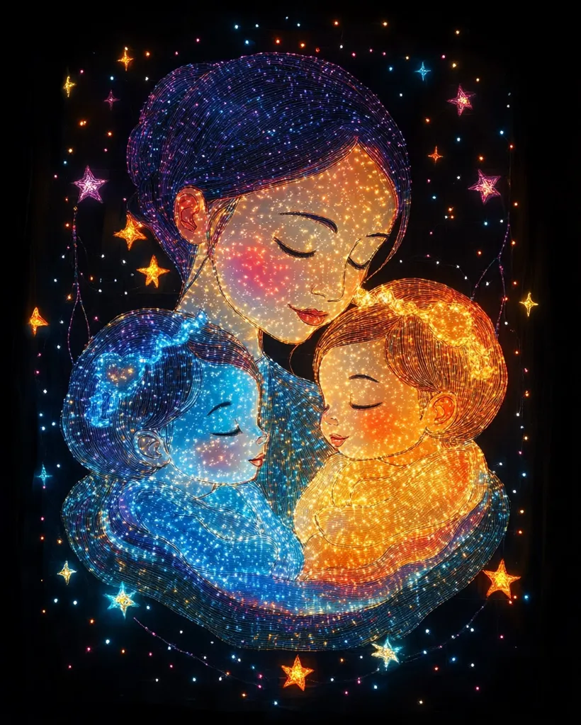 A mother cradles two children in her arms. The image is made up of thousands of twinkling lights, creating a mesmerizing and heartwarming display. The mother's eyes are closed, suggesting a sense of peace and tranquility. The children are nestled close to her, their faces obscured by the shimmering lights. The image is set against a backdrop of a starry night sky, adding to the ethereal beauty. The overall effect is one of love, protection, and the magic of childhood.