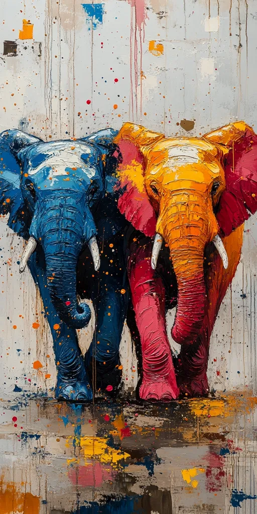 The painting depicts two elephants, one blue and one red, walking on a textured, gray background. The elephants are painted in a bold and expressive style, with thick brushstrokes and bright colors. The background is also textured and features splatterings of paint in various colors, creating a dynamic and lively scene. The painting is a celebration of color and texture, and it captures the powerful presence of these magnificent animals.  The painting is likely a contemporary artwork.