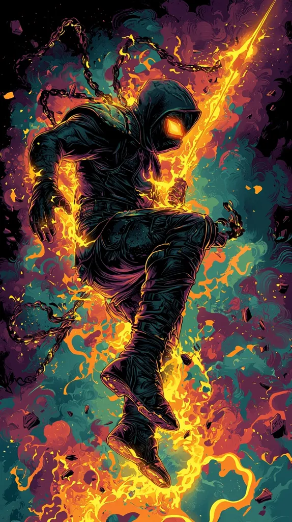 A shadowy figure, cloaked in black with glowing eyes, leaps through a fiery inferno. The figure is chained, with the chains trailing behind and glowing with the heat of the flames. The background is a mixture of fiery orange, deep purple, and cool teal, creating a dramatic and chaotic scene.  The overall impression is one of power and danger, with the figure seemingly untroubled by the flames engulfing them.