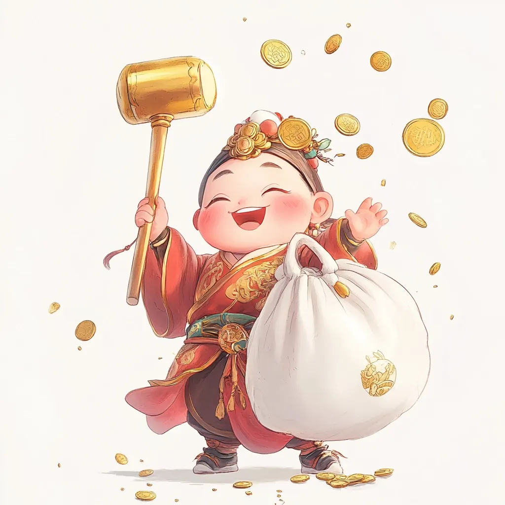 A cheerful, chubby cartoon character in traditional Chinese clothing holds a golden hammer and a large white bag. The character is smiling broadly with rosy cheeks and is surrounded by falling golden coins. The image evokes a sense of joy and prosperity, possibly related to Chinese New Year celebrations.