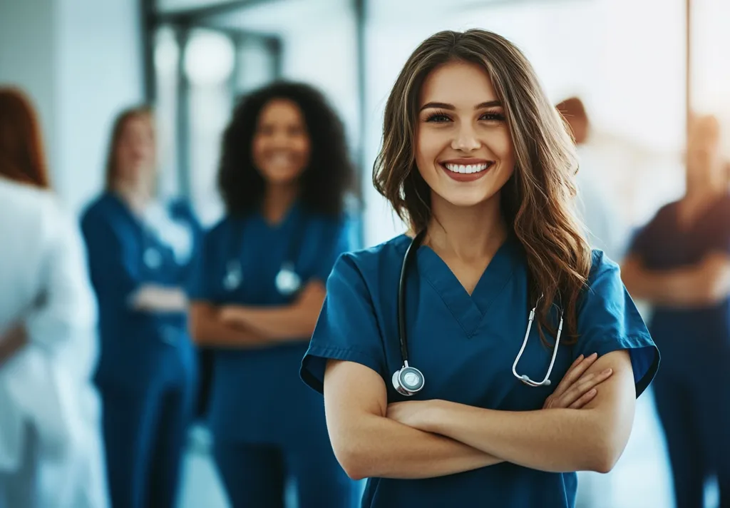 A young woman with long brown hair smiles brightly at the camera. She is wearing a blue scrub top and a stethoscope around her neck. She is standing with her arms crossed in front of her, in a hospital or medical setting. Other medical professionals are in the background, out of focus. The image evokes a sense of confidence, professionalism, and dedication to healthcare.