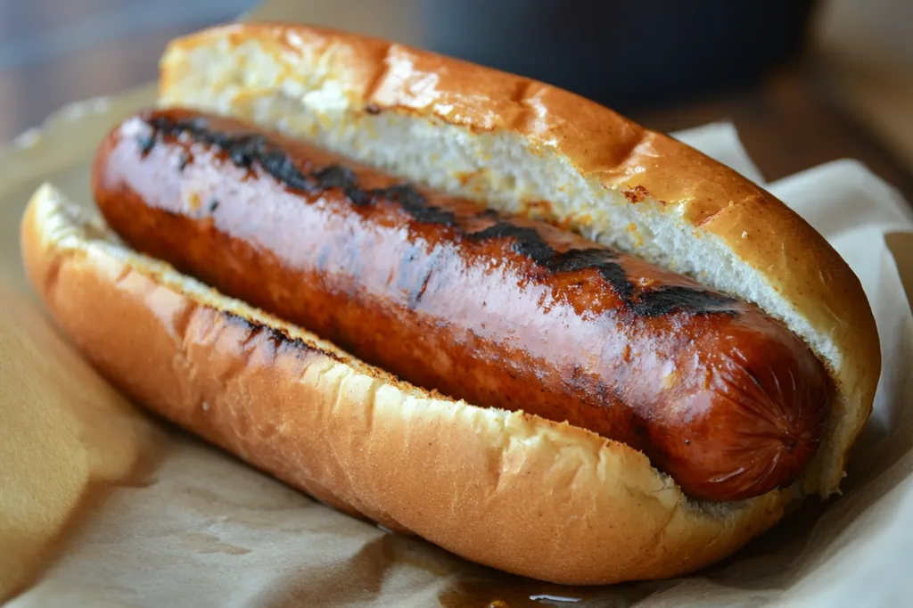 A grilled sausage sits in a soft, white bun, glistening with juices. The bun is slightly toasted and the sausage has a slightly charred exterior. It rests on a piece of brown paper, ready to be devoured. The image captures the simple pleasures of a classic hot dog.