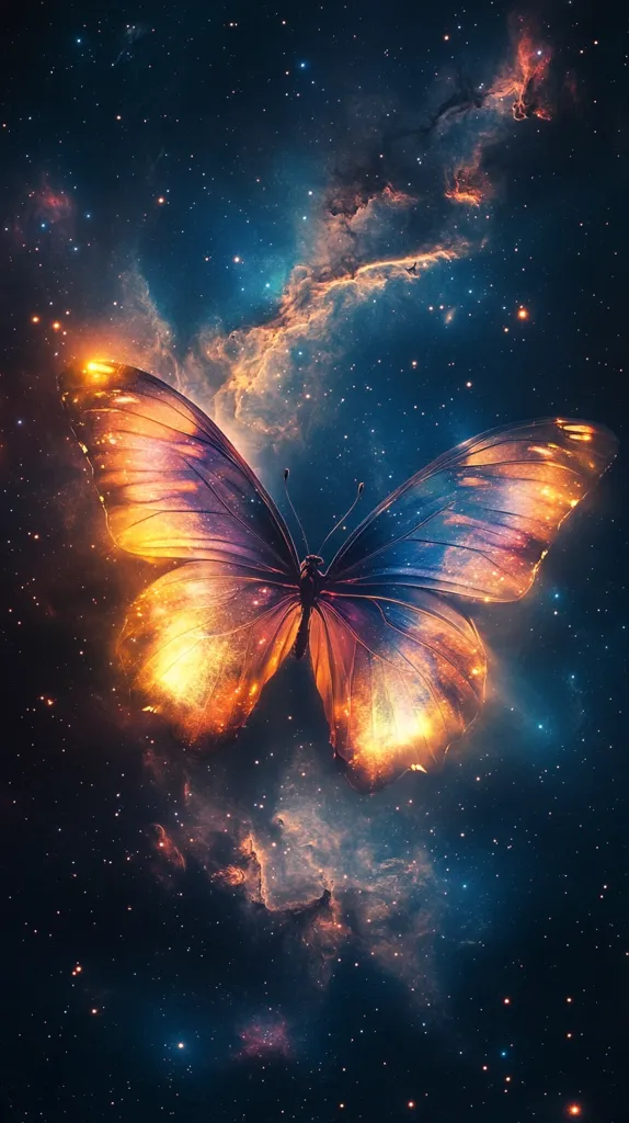 The image shows a large, vibrant butterfly against a backdrop of a deep space nebula.  The butterfly's wings are a mix of orange, yellow, and purple, and it glows with an inner light.  The nebula is a swirling mass of gas and dust, lit by distant stars, and creating a stunningly beautiful scene. The image evokes a sense of wonder and awe at the beauty of the universe.