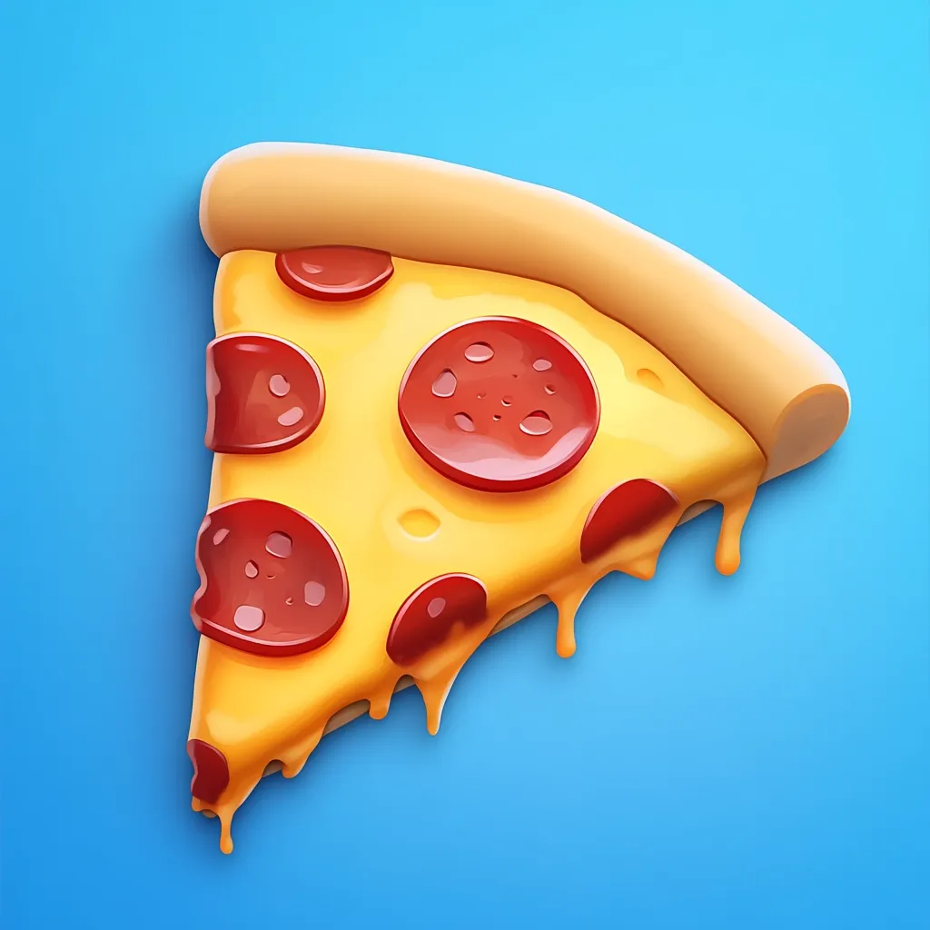 A single slice of pepperoni pizza with melted cheese dripping down the side. The pizza is on a bright blue background. The slice is slightly tilted and the cheese is dripping down the right side. It is a cartoon-like depiction of a pizza.  The colors are bright and vibrant.