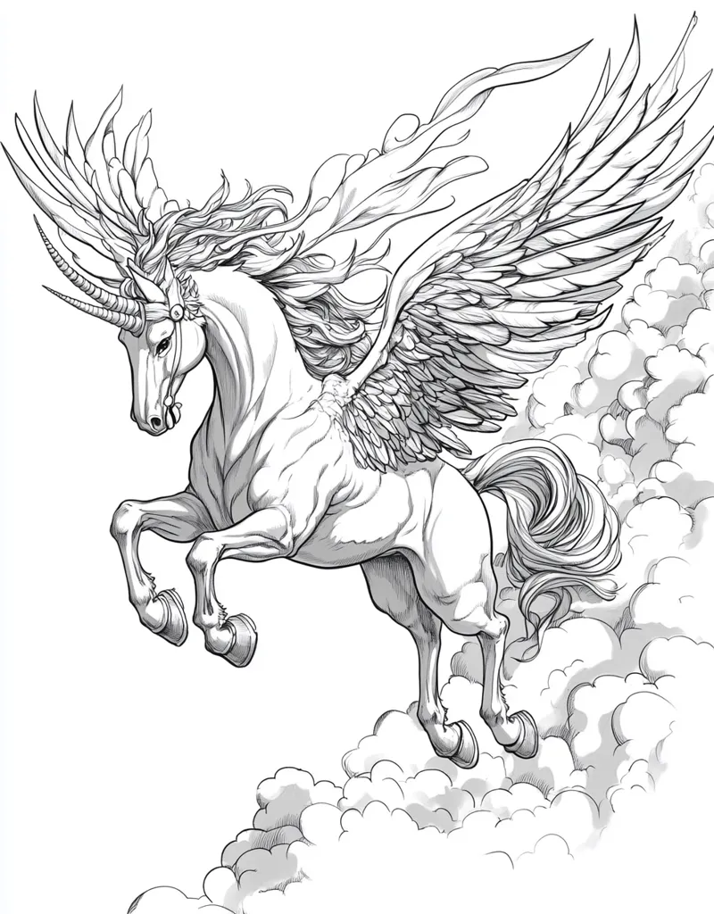 A majestic winged unicorn soars through the clouds, its powerful legs propelling it upwards. Its flowing mane and tail trail behind it, adding to the sense of motion and grace. The intricate details of its wings, horn, and muscular body are beautifully rendered.  The image evokes a sense of wonder and magic, reminding us of the power and beauty of mythical creatures.