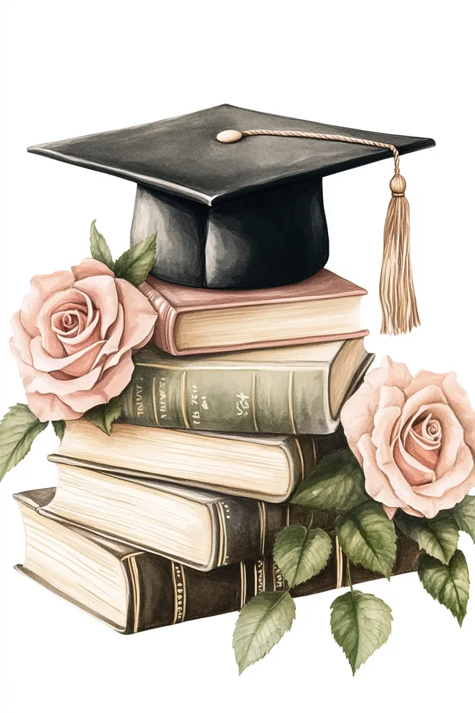 A black graduation cap sits atop a stack of old books, its tassel trailing down the side. Two delicate pink roses with green leaves adorn the bottom of the stack, creating a whimsical and celebratory image. The image is painted in a watercolor style, giving it a soft and romantic feel.  The composition suggests the pursuit of knowledge and the joy of achieving one's goals.