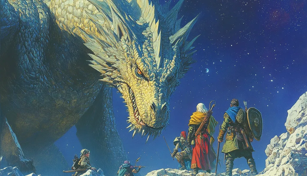 A white dragon, its scales shimmering under a starry night sky, looms over a group of four human figures. The dragon's head is tilted down, its eyes glowing with an amber light, as it stares intently at the humans. The figures stand in a rocky landscape, their expressions a mixture of fear and awe. The scene depicts a classic confrontation between humans and a powerful mythical creature, the dragon.