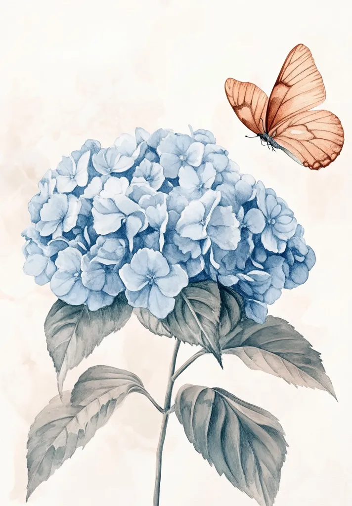 A watercolor painting depicts a single hydrangea bloom with blue petals. It has large, soft leaves and a delicate stem. The hydrangea is positioned on the left side of the image, with a light brown butterfly flying away from it on the right. The background is a soft, watercolor wash of light beige.  The painting creates a sense of delicate beauty and tranquility.