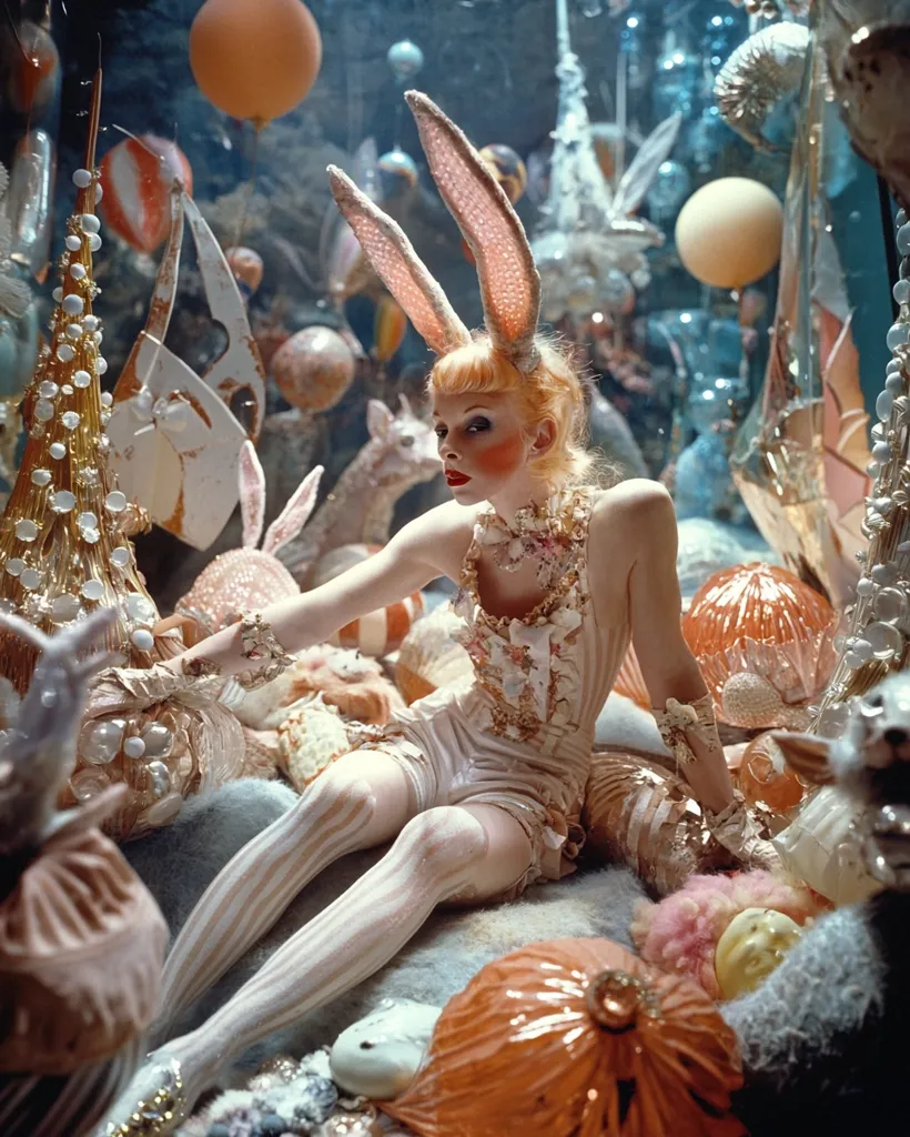 A woman with bright red lipstick and blonde hair wears large bunny ears and a white and pink ruffled costume. She sits on a bed of soft, colorful, and textured objects, including seashells, pumpkins, and toys. The background is a blur of shiny ornaments, suggesting a festive or fantastical setting. The image is a whimsical portrait of a model.