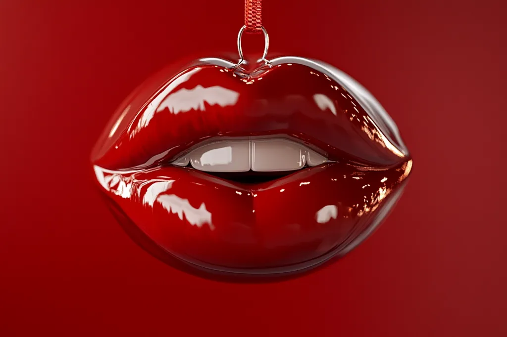 A close-up of a pair of glossy red lips, slightly parted to reveal white teeth. The lips are a bright, vibrant red, with a glossy finish that reflects light. The background is a solid red, creating a bold and dramatic contrast. The image is suggestive and alluring, hinting at sensuality and desire.