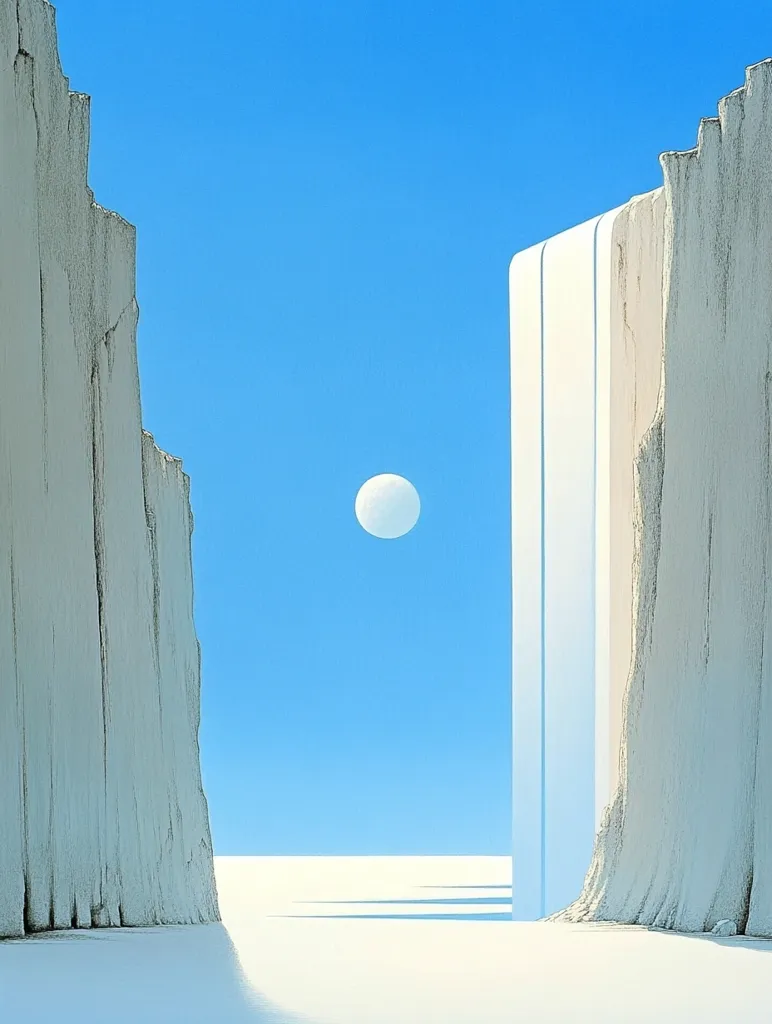 The image depicts a minimalist landscape with a large white moon in a bright blue sky. Two tall, white, rectangular structures stand on either side of the frame, resembling a doorway or passageway. The white ground below suggests a barren and sterile environment. The overall effect is one of stark simplicity and geometric precision.