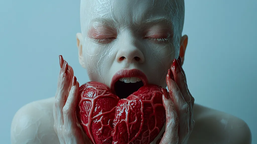 A person with pale skin and white makeup holds a bloody, pulsating heart in front of their mouth. Their eyes are closed and their mouth is open, as if they are about to eat the heart. The background is a muted blue.  The image is eerie and unsettling, evoking a sense of danger and the macabre.
