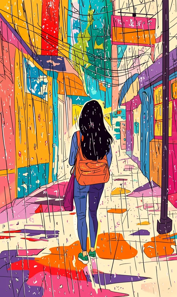 A woman with long black hair walks down a colorful street in the rain. She is wearing a blue shirt, blue jeans, and an orange backpack. The buildings on either side of the street are brightly colored, and the rain is falling in sheets. The scene is painted in a bold, graphic style, and the colors are vibrant and saturated. The image evokes a sense of urban life and energy.