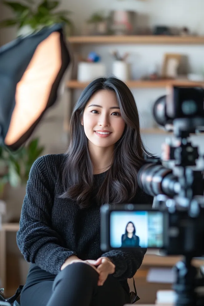 A young woman with long dark hair is seated in front of a camera, wearing a black sweater. She has a soft smile on her face, as if she is in the middle of filming a video. A large light diffuser is visible on the left, casting a soft glow on her. A professional camera is positioned in front of her, recording the action.  The image captures the quiet intensity of filmmaking, the focus on the subject, and the anticipation of the final product.
