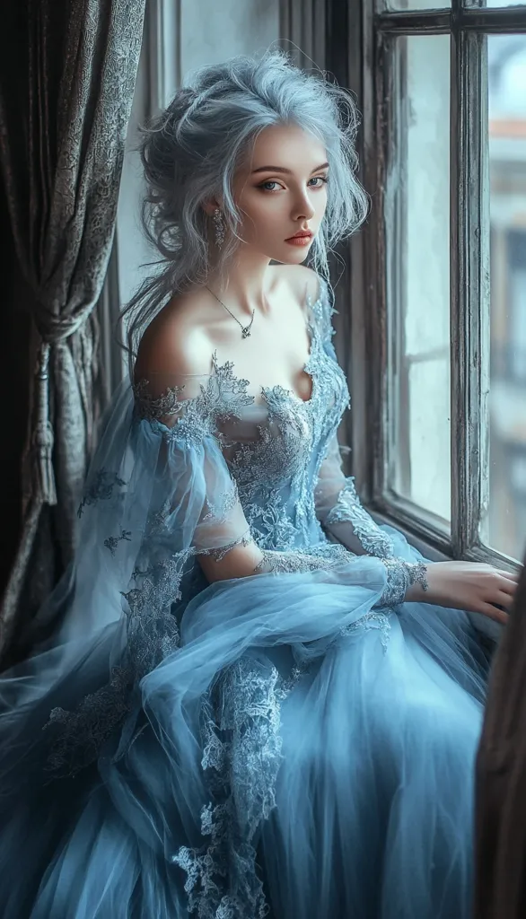 A young woman with blue hair, wearing a beautiful blue gown, sits by a window. The dress is adorned with intricate lace and the woman's expression is soft and thoughtful. The soft lighting and muted colors create a dreamy atmosphere. The image is evocative of a fairytale or a moment of quiet contemplation.