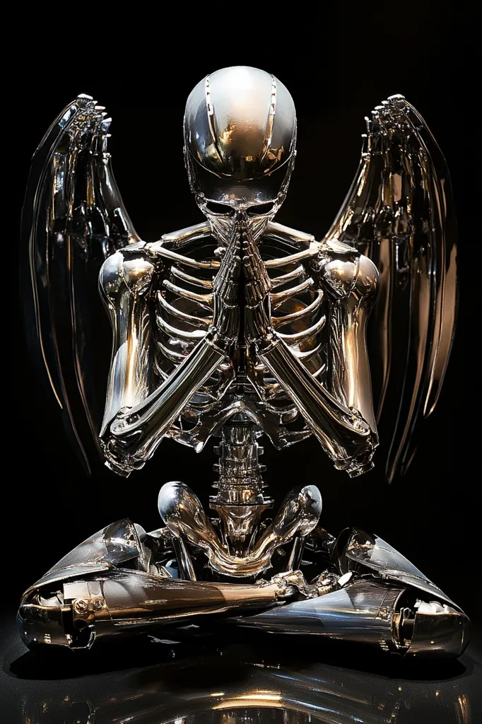The image depicts a chrome sculpture of a skeletal figure with wings. The figure is posed in a seated meditation position with its hands clasped in front of its chest. The sculpture is highly detailed, showcasing the intricate construction of the skeletal structure and the flowing lines of the wings. The reflective surface of the chrome creates a sense of otherworldliness and mystery. The sculpture is set against a black background, which highlights its metallic sheen.