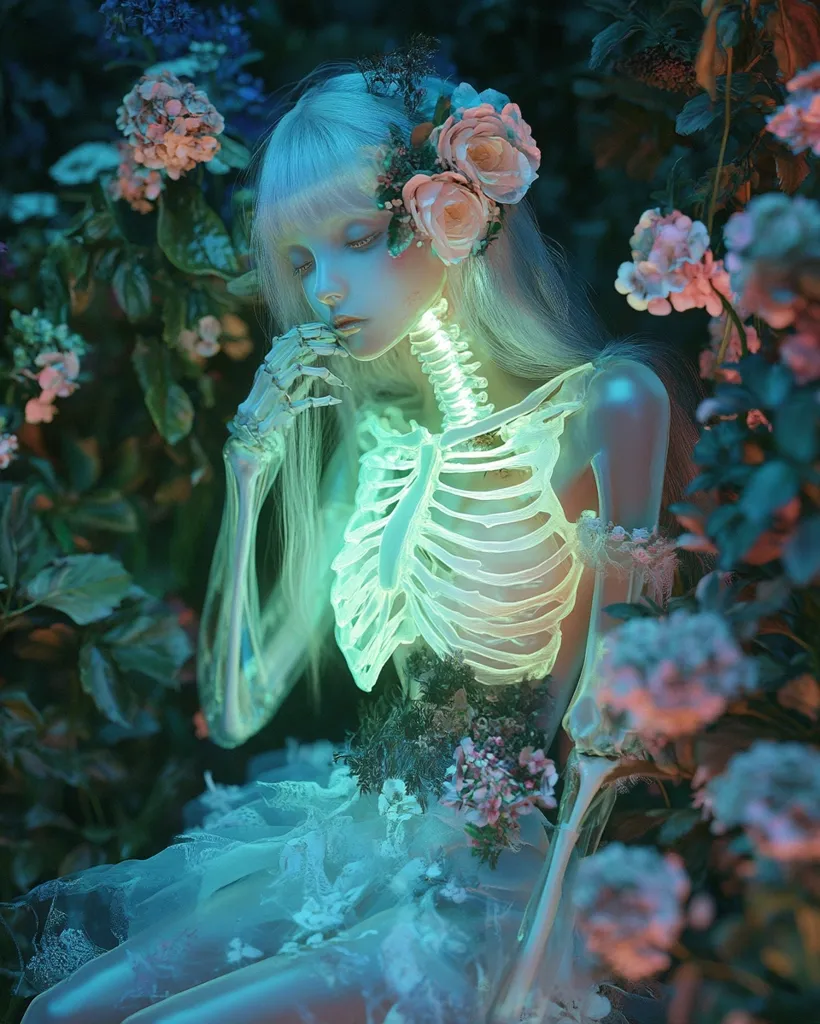 A young woman with long, white hair and a delicate floral crown sits amidst a lush, green garden. Her translucent skin reveals a glowing, skeletal structure, a surreal contrast to the natural beauty surrounding her. The light casts a ethereal glow, creating a dreamlike atmosphere. The image evokes a sense of both fragility and strength, with the skeletal form suggesting mortality while the flowers symbolize life and renewal.