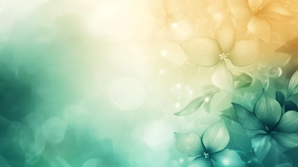 The image is a soft, ethereal representation of flowers and leaves. The background is a hazy green, fading to a warm yellow in the top right corner. Delicate, translucent flowers with intricate veins are scattered throughout the scene, giving the impression of a dreamlike landscape. Light sparkles and blurs add to the dreamlike atmosphere. The overall effect is one of gentle beauty and serenity.