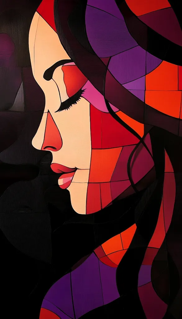 The image is a close-up portrait of a woman's face, rendered in a bold, graphic style. The woman's face is mostly obscured by her long, dark hair, with only her eye, nose, and mouth visible. The image is dominated by a color palette of red, orange, purple, and black. The use of bold lines and geometric shapes gives the image a modern and stylized feel. The overall effect is one of mystery and intrigue.