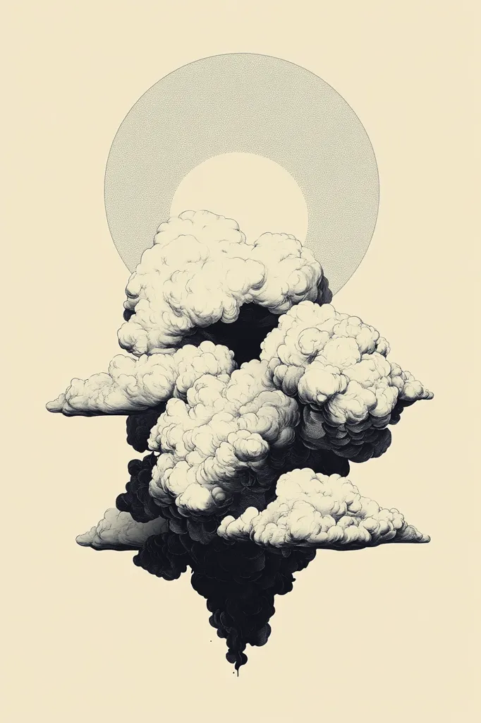 The image is a black and white illustration of a large, dark cloud formation. It appears to be raining or dripping from the bottom of the cloud. The cloud is surrounded by a light grey circle, which could represent a halo or a ring of light. The image has a simple, graphic style, and evokes a sense of mystery and darkness.  The background is a light cream color.