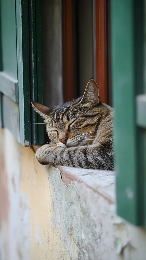 A tabby cat is sleeping peacefully on a windowsill. The cat's eyes are closed and its body is curled up in a cozy position. The windowsill is made of stone and is painted a pale yellow color. The cat is partially obscured by the window frame, which is made of green wood.  The cat's fur is a mixture of brown, gray, and white.  The cat's whiskers are visible and its paws are tucked beneath its body.  The cat is surrounded by a peaceful and serene environment.