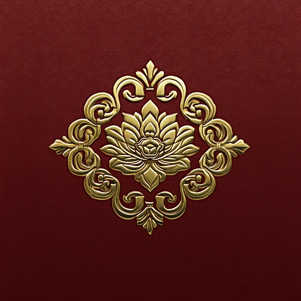 The image shows a gold, ornate design on a deep red background. The design features a stylized flower at its center surrounded by intricate scrollwork and leaves. The design is raised and textured, giving it a three-dimensional appearance. The gold color contrasts beautifully with the deep red, creating a luxurious and elegant aesthetic.