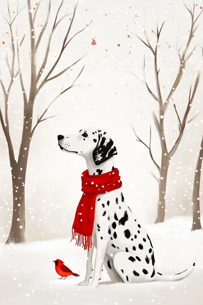 A dalmatian dog sits in a snowy forest, wearing a red scarf. The dog is looking to the left, its head tilted slightly. A single cardinal sits on the snowy ground near the dog, facing the viewer. Bare branches of trees stand tall behind the dog and bird. The falling snow creates a soft and peaceful scene.