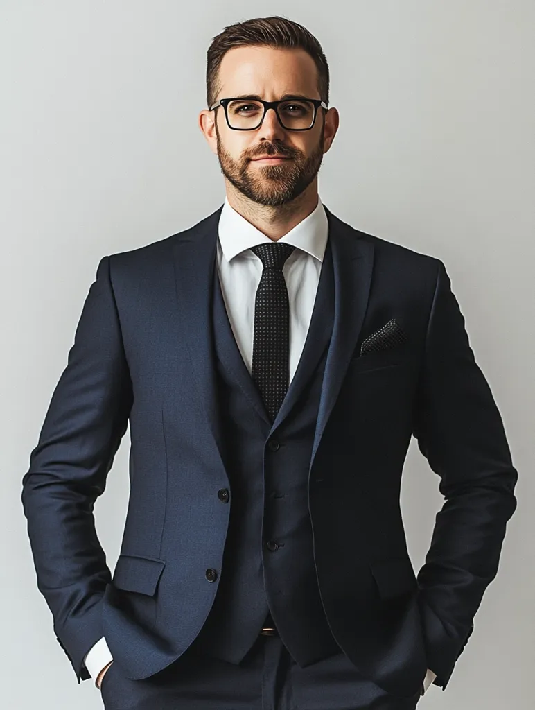 A man in a dark blue suit, white shirt, and black tie stands with his hands in his pockets. He has a serious expression and is wearing black-rimmed glasses. The background is a simple, light grey wall. He appears to be a businessman or professional in a formal setting.