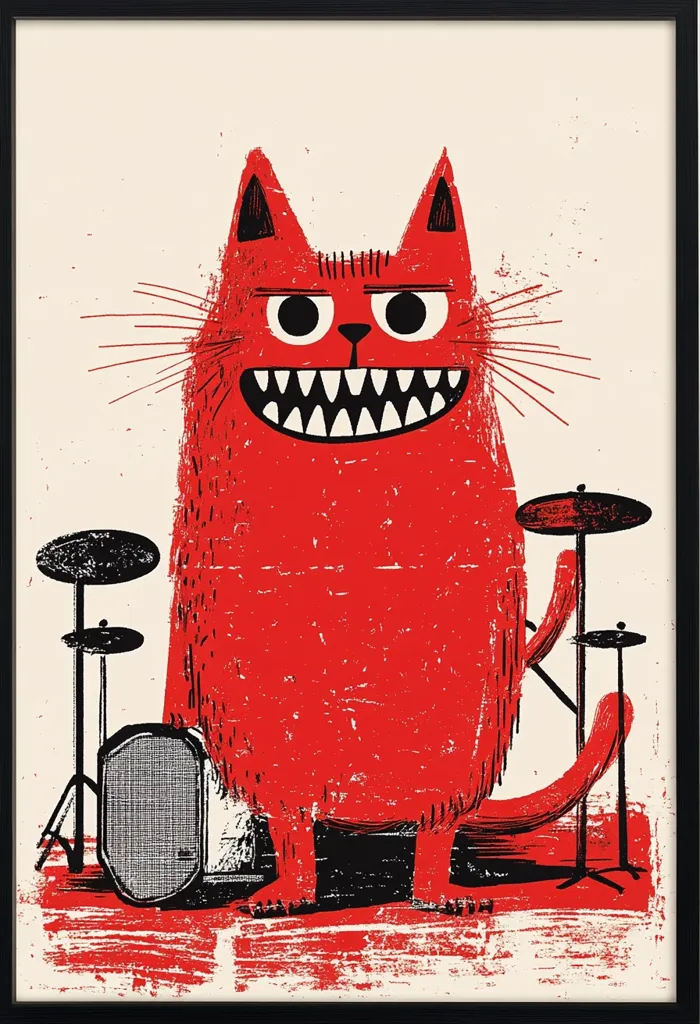 The image shows a red cat with a large, toothy grin, playing the drums. The cat is drawn in a bold, cartoonish style with black outlines and a textured red fill. The drums are simple, with black cymbals and a gray drum, and are set up in front of the cat. The background is a simple white with a subtle red and black pattern. The image is humorous and playful, capturing the energy of a rock and roll performance.