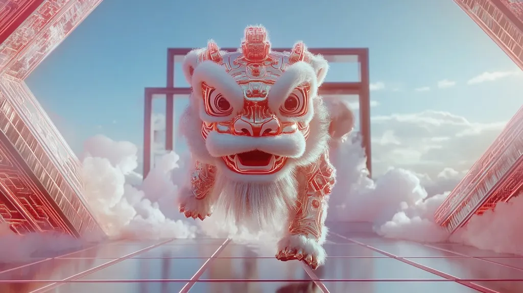 A red and white lion dance costume stands on a reflective surface. The costume is ornate and detailed with a fierce expression. The background features a cloudy sky and red, geometric structures. The image has a surreal and dreamlike quality. The lion's presence is both powerful and playful, inviting the viewer to enter its world.
