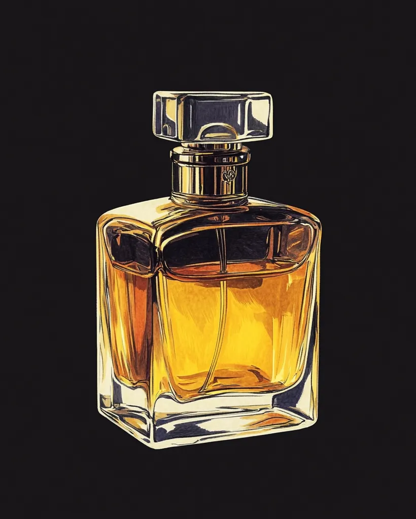 A glass bottle of perfume is depicted against a black background. The bottle has a rectangular shape with a square-shaped glass stopper. The bottle is filled with a yellow liquid and the glass is slightly reflective. The bottle appears to be made of clear glass, with some metallic accents. The image has a vintage, illustrated aesthetic.