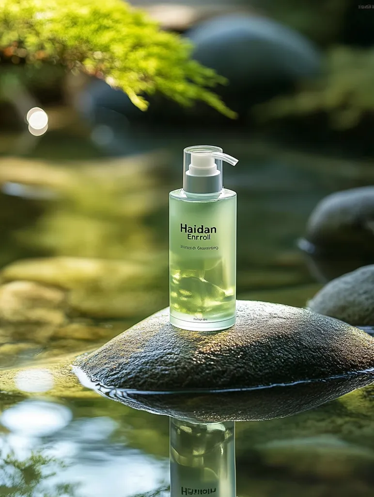 A bottle of "Haidan Enroll" beauty product sits on a smooth, moss-covered rock in a shallow stream. The bottle is green and reflects the natural light filtering through the trees surrounding the stream.  The bottle's reflection is visible in the clear water, creating a serene and natural scene.