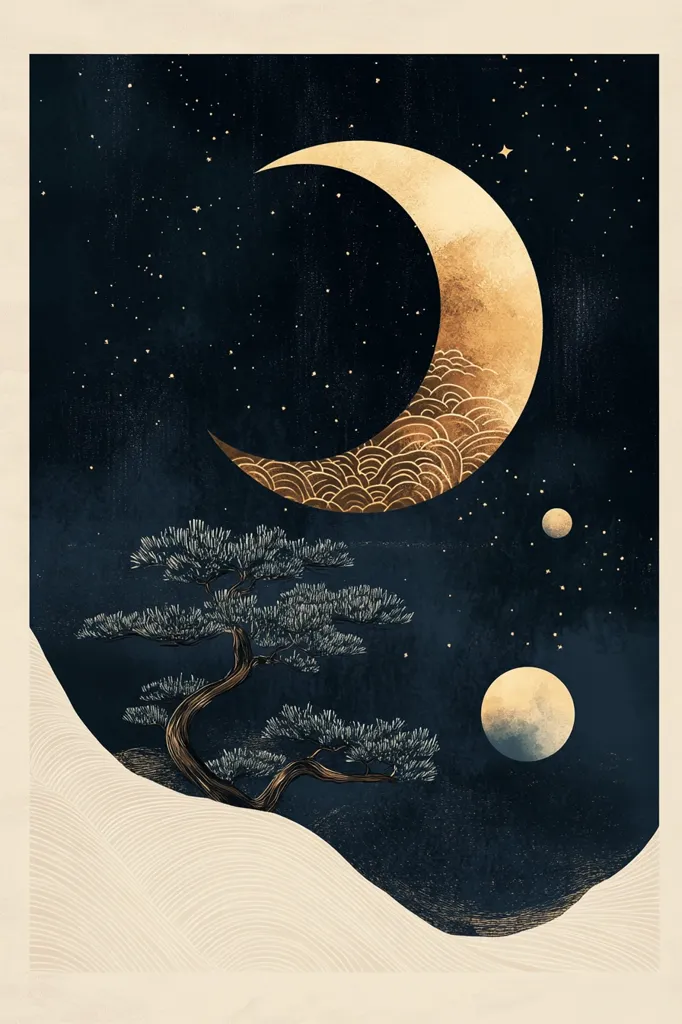 The image is a dark blue night sky with a large crescent moon made of gold with a wavy texture. The moon is surrounded by small, white stars. In the bottom right corner of the image is a smaller, round moon with a pale gold color. At the bottom of the image, there is a small pine tree and a large, white hill with a wavy pattern. The image has a peaceful and serene atmosphere.