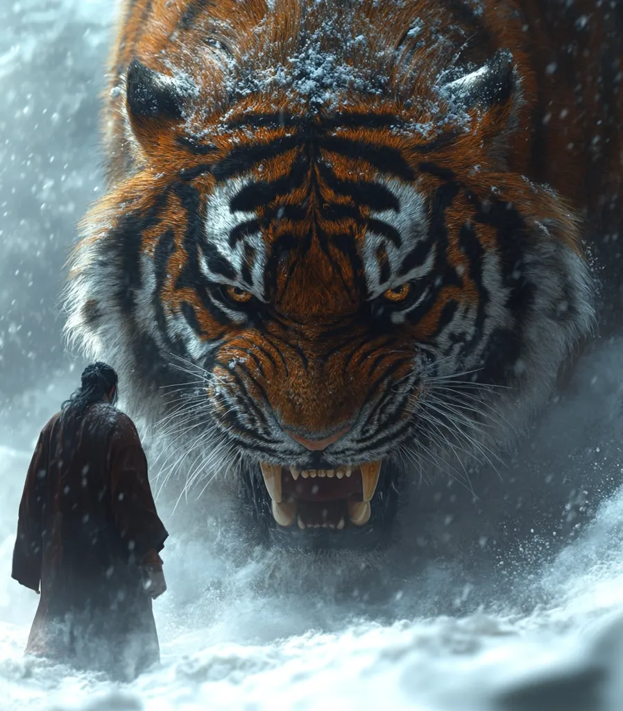 A large, fierce tiger, its fur dusted with snow, stands over a lone figure in a brown robe. The tiger's mouth is open in a menacing snarl, revealing sharp teeth.  The scene is set against a snowy backdrop, with swirling snowflakes adding to the sense of danger and isolation. The tiger's intense gaze and the man's small stature emphasize the disparity in power.