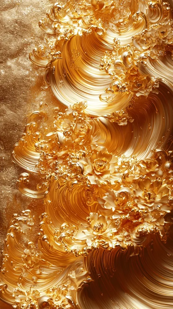The image depicts a swirling, wave-like pattern in a rich, golden hue. The texture is highly detailed, creating a sense of movement and depth. Intricate floral shapes are incorporated into the design, adding an element of delicacy to the overall composition. The image evokes a sense of luxury and opulence, with its shimmering gold surface and elaborate patterns.