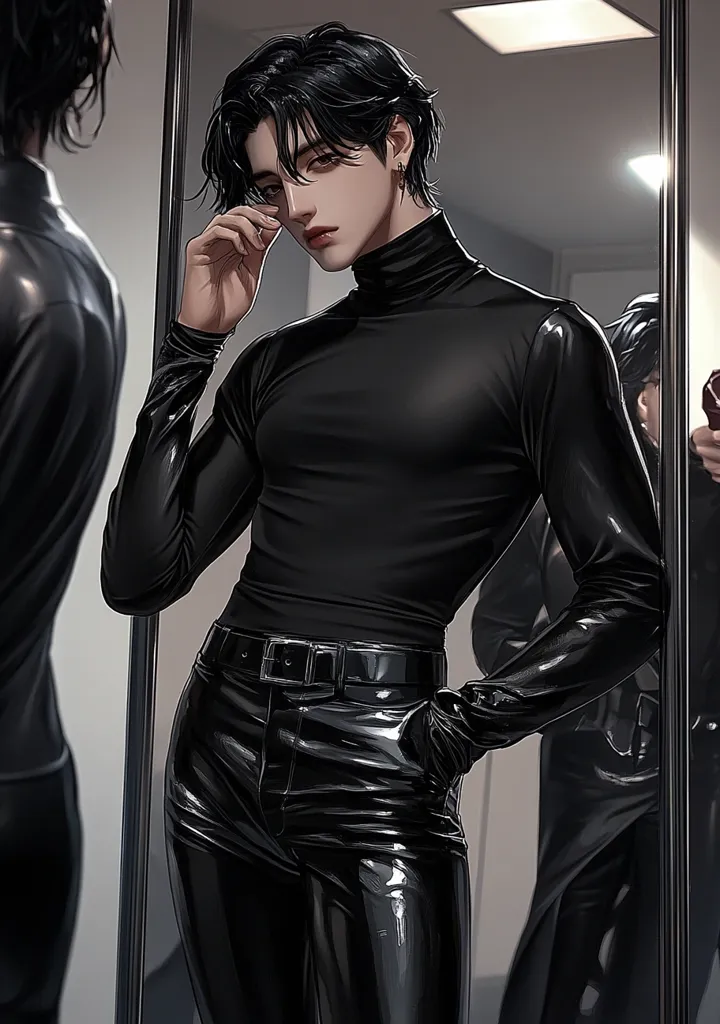 The image depicts a young man with black hair and a sharp jawline, dressed in all black. He is wearing a tight, long-sleeved shirt with a high collar and shiny black pants. He stands in front of a mirror, adjusting his collar and looking at his reflection. The lighting is dim, casting long shadows and creating a sense of mystery. The man's expression is serious and confident. The image has a sleek and stylish aesthetic.