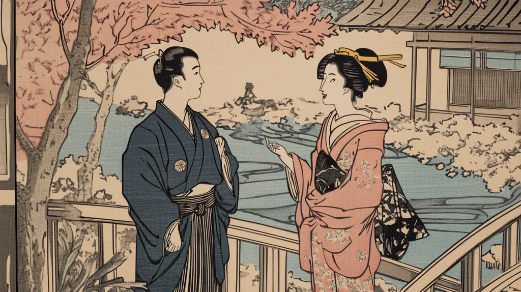 The image depicts a man and a woman in traditional Japanese clothing standing on a balcony overlooking a body of water. The man is wearing a dark blue robe with a black sash and a black and white patterned lower garment. The woman is wearing a pink robe with a floral pattern and a dark blue sash. She has a yellow headband and her hair is pulled back.  They are both looking at each other. The background of the image shows a wooden building with a thatched roof and a body of water with a blue and white pattern. There are also trees with pink leaves and a few small houses in the distance. The overall feeling of the image is one of tranquility and beauty.
