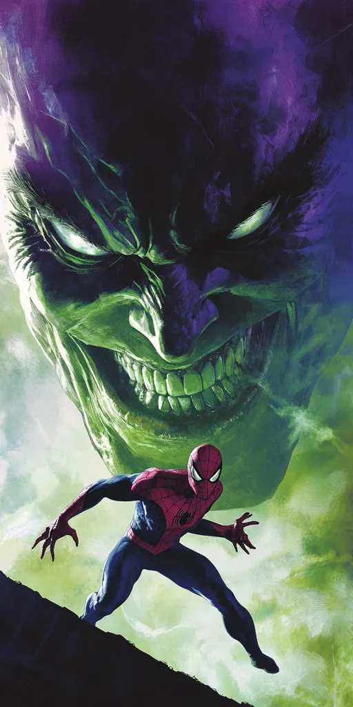 The Green Goblin looms large in the background, his menacing grin and sharp teeth visible. Spiderman, in his red and blue suit, clings to a ledge as he faces the villain. The scene is dramatic and filled with tension, emphasizing the danger Spiderman faces. The background is a blur of green and purple, highlighting the intensity of the moment.